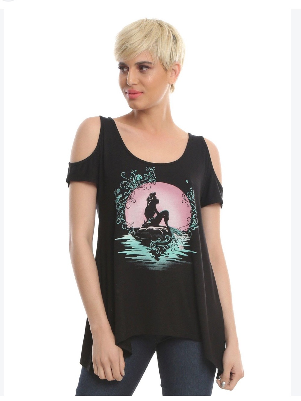 Hot Topic Black Cold-Shoulder Ariel Graphic Top with Pink & Aqua Print 2X